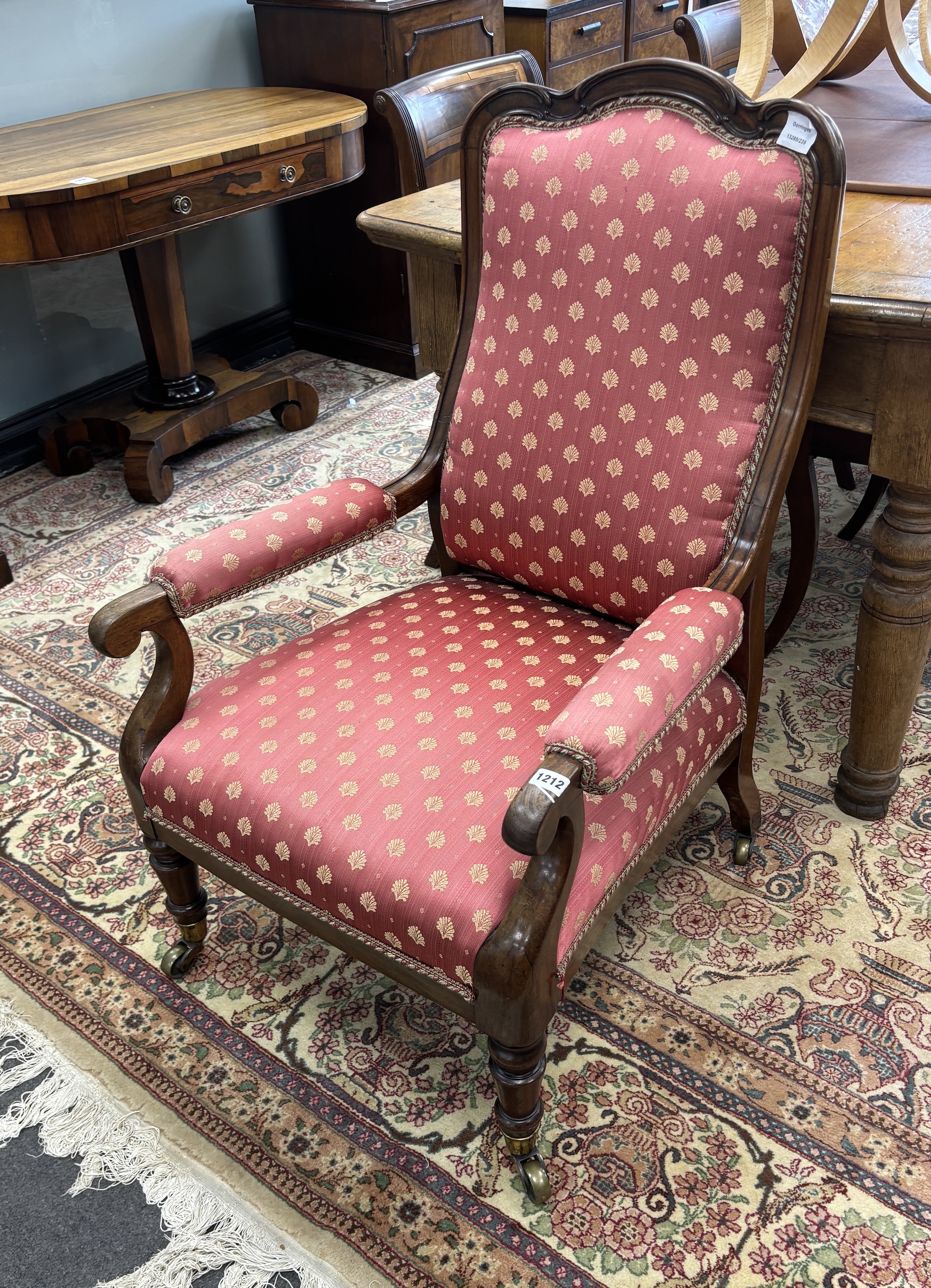 A Victorian mahogany framed armchair, width 61cm, depth 62cm, height 94cm